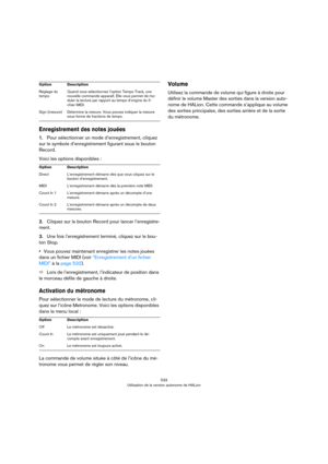 Page 533533
Utilisation de la version autonome de HALion
Enregistrement des notes jouées
1.Pour sélectionner un mode d’enregistrement, cliquez 
sur le symbole d’enregistrement figurant sous le bouton 
Record. 
Voici les options disponibles :
2.Cliquez sur le bouton Record pour lancer l’enregistre-
ment.
3.Une fois l’enregistrement terminé, cliquez sur le bou-
ton Stop.
•Vous pouvez maintenant enregistrer les notes jouées 
dans un fichier MIDI (voir 
“Enregistrement d’un fichier 
MIDI” à la page 532).
ÖLors de...