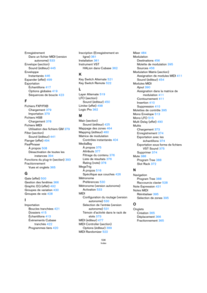 Page 536536
Index
Enregistrement
Dans un fichier MIDI (version 
autonome) 533
Envelope (section)
Sound (éditeur) 445
Enveloppe
Instantanés 446
Expander (effet) 499
Exportation
Échantillons 417
Options globales 419
Séquences de boucle 423
F
Fichiers FXP/FXB
Chargement 379
Importation 379
Fichiers HSB
Chargement 378
Fichiers MIDI
Utilisation des fichiers GM 379
Filter (section)
Sound (éditeur) 441
Flanger (effet) 494
FlexPhraser
À propos 508
Désactivation de toutes les 
instances 394
Fonctions du plug-in (section)...