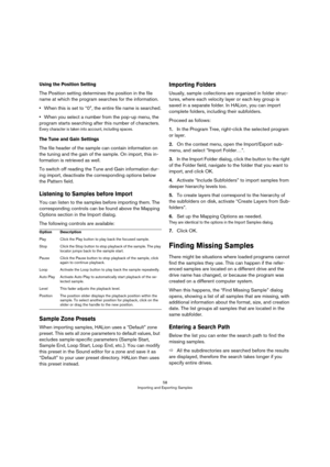 Page 5858
Importing and Exporting Samples
Using the Position Setting
The Position setting determines the position in the file 
name at which the program searches for the information.
•When this is set to “0”, the entire file name is searched.
•When you select a number from the pop-up menu, the 
program starts searching after this number of characters. 
Every character is taken into account, including spaces.
The Tune and Gain Settings
The file header of the sample can contain information on 
the tuning and the...