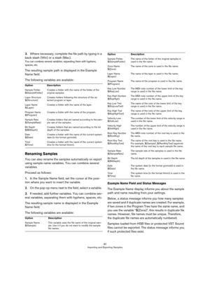 Page 6060
Importing and Exporting Samples
3.Where necessary, complete the file path by typing in a 
back-slash (Win) or a slash (Mac). 
You can combine several variables, separating them with hyphens, 
spaces, etc.
The resulting sample path is displayed in the Example 
Name field.
The following variables are available:
Renaming Samples
You can also rename the samples automatically on export 
using sample name variables. You can combine several 
variables.
Proceed as follows:
1.In the Sample Name field, set the...