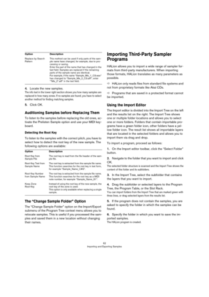 Page 6262
Importing and Exporting Samples
4.Locate the new samples. 
The info text in the lower right section shows you how many samples are 
replaced in how many zones. If no samples are found, you have to select 
another method for finding matching samples.
5.Click OK.
Auditioning Samples before Replacing Them
To listen to the samples before replacing the old ones, ac-
tivate the Prelisten Sample option and use your MIDI key-
board.
Detecting the Root Key
To listen to the samples with the correct pitch, you...