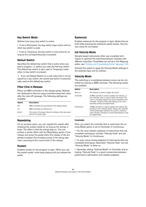 Page 6868
Editing Programs and Layers in the Sound Editor
Key Switch Mode
Defines how long a key switch is active: 
•If set to Permanent, the key switch stays active until an-
other key switch is used.
•If set to Temporary, the key switch is only active for as 
long as the corresponding key is pressed.
Default Switch
Specifies the default key switch that is active when you 
load a program, i.
 e. before you used the first key switch. 
The default key switch is also used in Temporary mode 
when no key switch is...