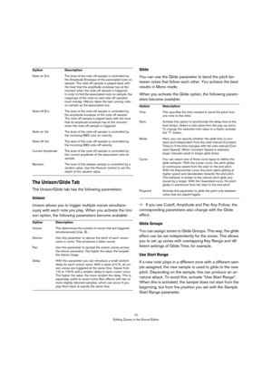 Page 7777
Editing Zones in the Sound Editor
The Unison/Glide Tab
The Unison/Glide tab has the following parameters:
Unison
Unison allows you to trigger multiple voices simultane-
ously with each note you play. When you activate the Uni-
son option, the following parameters become available:
Glide
You can use the Glide parameter to bend the pitch be-
tween notes that follow each other. You achieve the best 
results in Mono mode.
When you activate the Glide option, the following param-
eters become available:
ÖIf...