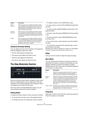 Page 9191
Editing Zones in the Sound Editor
Graphical Envelope Editing
You can adjust the times of the envelope in the graphical 
editor by dragging nodes left or right.
•The first node adjusts the Delay time.
•The second node adjusts the Fade In time.
•The third node adjusts the Hold time.
•The fourth node adjusts the Fade Out time.
The Step Modulator Section
Synth and sample zones feature a polyphonic step modu-
lator for creating rhythmic control sequences. The step 
modulator can be freely assigned in the...