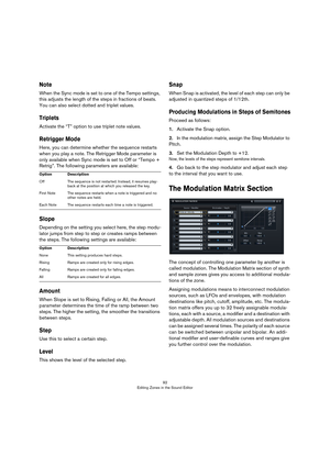 Page 9292
Editing Zones in the Sound Editor
Note
When the Sync mode is set to one of the Tempo settings, 
this adjusts the length of the steps in fractions of beats. 
You can also select dotted and triplet values.
Triplets
Activate the “T” option to use triplet note values.
Retrigger Mode
Here, you can determine whether the sequence restarts 
when you play a note. The Retrigger Mode parameter is 
only available when Sync mode is set to Off or “Tempo + 
Retrig”. The following parameters are available:
Slope...