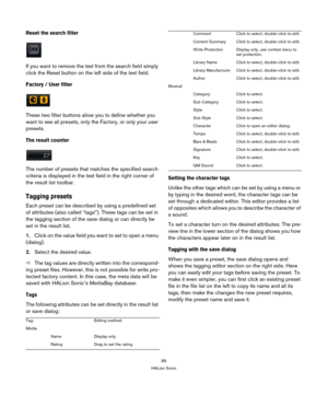 Page 8989
HALion Sonic
Reset the search filter
If you want to remove the text from the search field simply 
click the Reset button on the left side of the text field.
Factory / User filter
These two filter buttons allow you to define whether you 
want to see all presets, only the Factory, or only your user 
presets.
The result counter
The number of presets that  matches the specified search 
criteria is displayed in the text field in the right corner of 
the result list toolbar.
Tagging presets
Each preset can...
