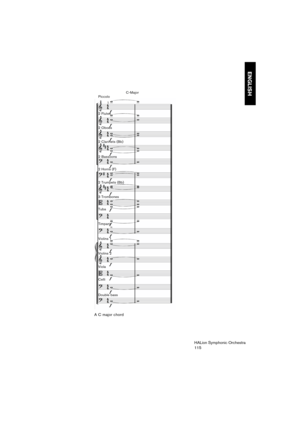 Page 115ENGLISH
HALion Symphonic Orchestra
115 A C major chord
C-Major
Piccolo
2 Flutes
2 Oboes
2 Clarinets (Bb)
2 Bassoons
2 Horns (F)
2 Trumpets (Bb)
3 Trombones
Tuba
Timpani
Violins 1
Violins 2
Viola
Celli
Double bass 