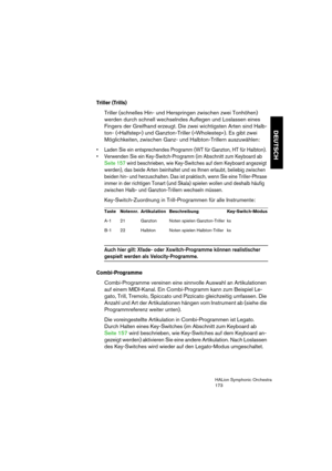 Page 173DEUTSCH
HALion Symphonic Orchestra
173
Triller (Trills)
Triller (schnelles Hin- und Herspringen zwischen zwei Tonhöhen) 
werden durch schnell wechselndes Auflegen und Loslassen eines 
Fingers der Greifhand erzeugt. Die zwei wichtigsten Arten sind Halb-
ton- (»Halfstep«) und Ganzton-Triller (»Wholestep«). Es gibt zwei 
Möglichkeiten, zwischen Ganz- und Halbton-Trillern auszuwählen:
 Laden Sie ein entsprechendes Programm (WT für Ganzton, HT für Halbton).
 Verwenden Sie ein Key-Switch-Programm (im Abschnitt...