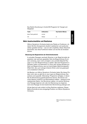 Page 179DEUTSCH
HALion Symphonic Orchestra
179
Key-Switch-Zuordnung in Combi-KS-Programm für Triangel und 
Sleighbell:
Mehr Ausdrucksstärke und Realismus
HALion Symphonic Orchestra bietet eine Palette an Funktionen, mit 
denen Sie Ihre Arrangements deutlich realistischer und ausdrucks-
stärker gestalten können – was wir sehr empfehlen. Dieser Abschnitt 
beschreibt, was diese Funktionen leisten und wie Sie sie einsetzen 
können.
Steuerung des Bogenstrichs der Streichinstrumente
In schnellen Passagen wechseln...