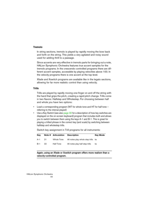 Page 44HALion Symphonic Orchestra
44
Tremolo
In string sections, tremolo is played by rapidly moving the bow back 
and forth on the string. This yields a very agitated and noisy sound 
used for adding thrill to a passage.
Since accents are very effective in tremolo parts for bringing out a note, 
HALion Symphonic Orchestra features true accent samples for the 
tremolo programs. In the crescendo controlled programs there are dif-
ferent accent samples, accessible by playing velocities above 100. In 
the velocity...