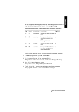 Page 51ENGLISH
HALion Symphonic Orchestra
51
All this can easily be controlled using key switches, putting a control in 
your hands that is unmatched by any other sample library:
Switch key assignments in alternate bowing programs (spiccato):
Here’s a little exercise for you to check out this impressive function: 
1. Load the program “Vlc spicc B Alt1 Vel KS”. 
2. Hit the lowest A on an 88 key keyboard (A-1). 
Hitting notes will produce down bows only, with the timbre changing with velocity.
3. Now hit B-1 and...