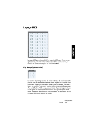 Page 265HYPERSONIC
Français 265
FRANÇAIS
La page MIDI
La page MIDI permet de définir les aspects MIDI dans Hypersonic : 
splits clavier, vélocité, transposition, accord. En quelque sorte, un 
tableau de bord/console pour les paramètres MIDI.
Key Range (splits clavier)
La colonne Key Range permet de limiter l’étendue du clavier couverte 
par une Part en entrant les noms des notes limites. Vous pouvez ainsi 
créer dans Hypersonic des splits clavier nets (le passage d’un son à 
l’autre se produit d’une note à la...