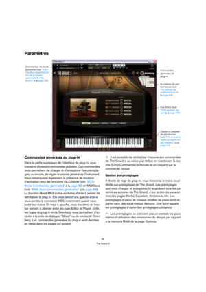 Page 6969
The Grand 3
Paramètres
Commandes générales du plug-in
Dans la partie supérieure de l’interface du plug-in, vous 
trouverez plusieurs commandes globales. Ces commandes 
vous permettent de charger et d’enregistrer des prérégla-
ges, ou encore, de régler le volume général de l’instrument. 
Vous remarquerez également la présence de boutons 
d’activation pour les fonctions ECO Mode (voir “ECO 
Mode (commandes générales)” à la page 83) et RAM Save 
(voir “RAM Save (commandes générales)” à la page 83). 
La...