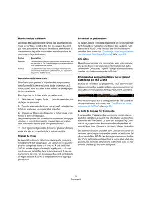 Page 7979
The Grand 3
Modes Absolute et Relative
Les notes MIDI contiennent parfois des informations de 
micro-accordage, c’est-à-dire des décalages d’accord 
par note. Les modes Absolute et Relative déterminent la 
manière selon laquelle sont traitées les informations de 
micro-accordage entrantes :
Importation de fichiers scala
The Grand vous permet d’importer des tempéraments 
sous forme de fichiers au format scala (extension .scl). 
Vous pouvez ainsi accéder à des milliers de préréglages 
de tempéraments....