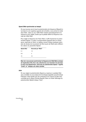 Page 198Virtual Bassist
 198
Speed (Wah synchronisé au tempo)
Si vous tournez vers le haut le potentiomètre de fréquence (Speed) si-
tué dans le coin supérieur gauche de la fenêtre, vous activez le mode 
Auto Wah ; dans ce cas, l’effet Wah module automatiquement à la 
fréquence ainsi réglée, tandis que la pédale définit la fréquence cen-
trale de l’effet Wah.
Pour régler la fréquence de l’Auto Wah, il suffit d’actionner le poten-
tiomètre Speed ; la valeur correspondante apparaît dans le champ 
jaune, exprimée...