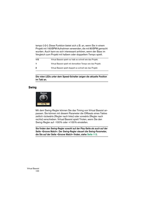 Page 100Virtual Bassist
 100
tempo (»2«). Diese Funktion bietet sich z. B. an, wenn Sie in einem 
Projekt mit 160 BPM Aufnahmen verwenden, die mit 80 BPM gemacht 
wurden. Auch kann es sich interessant anhören, wenn der Bass im 
Vergleich zum Projekt mit halbem oder doppeltem Tempo spielt.
Die roten LEDs unter dem Speed-Schalter zeigen die aktuelle Position 
im Takt an.
Swing
Mit dem Swing-Regler können Sie das Timing von Virtual Bassist an-
passen. Sie können mit diesem Parameter die Offbeats eines Taktes...