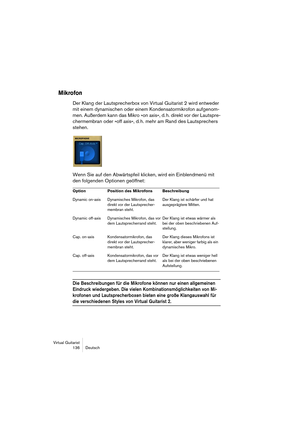 Page 136Virtual Guitarist
136Deutsch
Mikrofon
Der Klang der Lautsprecherbox von Virtual Guitarist 2 wird entweder 
mit einem dynamischen oder einem Kondensatormikrofon aufgenom-
men. Außerdem kann das Mikro »on axis«, d. h. direkt vor der Lautspre-
chermembran oder »off axis«, d. h. mehr am Rand des Lautsprechers 
stehen.
Wenn Sie auf den Abwärtspfeil klicken, wird ein Einblendmenü mit 
den folgenden Optionen geöffnet:
Die Beschreibungen für die Mikrofone können nur einen allgemeinen 
Eindruck wiedergeben. Die...