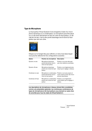 Page 215Virtual Guitarist
Français 215
FRANÇAIS
Type de Microphone
Le haut-parleur Virtual Guitarist 2 est enregistré à l’aide d’un micro-
phone dynamique ou à condensateur. Le microphone peut être placé 
sur un axe situé directement en face du cône du haut-parleur, ou dé-
calé de cet axe, c’est-à-dire pointé davantage vers le bord du haut-
parleur que vers son cône.
Cliquez sur le triangle bleu pour afficher un menu local dans lequel 
vous pourrez sélectionner les configurations suivantes :
Les descriptions de...