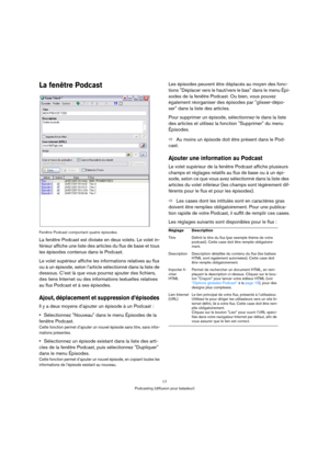 Page 1717
Podcasting (diffusion pour baladeur)
La fenêtre Podcast
Fenêtre Podcast comportant quatre épisodes.
La fenêtre Podcast est divisée en deux volets. Le volet in-
férieur affiche une liste des articles du flux de base et tous 
les épisodes contenus dans le Podcast. 
Le volet supérieur affiche les informations relatives au flux 
ou à un épisode, selon l’article sélectionné dans la liste de 
dessous. C’est là que vous pourrez ajouter des fichiers, 
des liens Internet ou des informations textuelles...