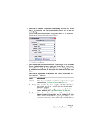 Page 123WAVELAB
Arbeiten im Wave-Fenster 6 – 123
3.Wenn Sie noch andere Dateieigenschaften ändern möchten (z. B. Mono/
Stereo, Bit-Auflösung oder Samplerate), klicken Sie auf den Schalter un-
ten im Dialog.
Dadurch wird der Audiodateieigenschaften-Dialog geöffnet, in dem Sie die gewünschten 
Einstellungen für die konvertierte Datei vornehmen können.
Der Audiodateiformat-Dialog
4.Wenn Sie die gewünschten Einstellungen vorgenommen haben, schließen 
Sie den Audiodateieigenschaften-Dialog und klicken Sie auf...