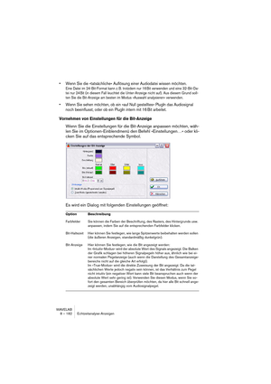 Page 182WAVELAB
8 – 182 Echtzeitanalyse-Anzeigen
• Wenn Sie die »tatsächliche« Auflösung einer Audiodatei wissen möchten.
Eine Datei im 24-Bit-Format kann z. B. trotzdem nur 16 Bit verwenden und eine 32-Bit-Da-
tei nur 24 Bit (in diesem Fall leuchtet die Unter-Anzeige nicht auf). Aus diesem Grund soll-
ten Sie die Bit-Anzeige am besten im Modus »Auswahl analysieren« verwenden.
• Wenn Sie sehen möchten, ob ein »auf Null gestelltes« PlugIn das Audiosignal 
noch beeinflusst, oder ob ein PlugIn intern mit 16 Bit...