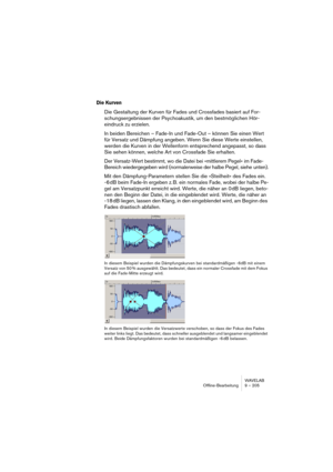 Page 205WAVELAB
Offline-Bearbeitung 9 – 205
Die Kurven
Die Gestaltung der Kurven für Fades und Crossfades basiert auf For-
schungsergebnissen der Psychoakustik, um den bestmöglichen Hör-
eindruck zu erzielen.
In beiden Bereichen – Fade-In und Fade-Out – können Sie einen Wert 
für Versatz und Dämpfung angeben. Wenn Sie diese Werte einstellen, 
werden die Kurven in der Wellenform entsprechend angepasst, so dass 
Sie sehen können, welche Art von Crossfade Sie erhalten.
Der Versatz-Wert bestimmt, wo die Datei bei...