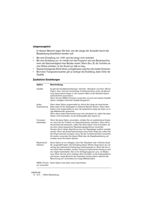 Page 214WAVELAB
9 – 214 Offline-Bearbeitung
Längenausgleich
In diesem Bereich legen Sie fest, wie die Länge der Auswahl durch die 
Bearbeitung beeinflusst werden soll. 
• Bei einer Einstellung von »100« wird die Länge nicht verändert. 
• Bei eine Einstellung von »0« verhält sich das Programm wie eine Bandmaschine, 
wenn die Geschwindigkeit ihres Bandes variiert. Wenn Sie z. B. die Tonhöhe um 
eine Oktave anheben, ist der Sound nur halb so lang.
• Dazwischenliegende Werte führen zu Ergebnissen zwischen den beiden...