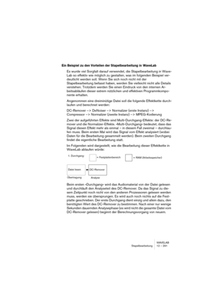 Page 291WAVELAB
Stapelbearbeitung 12 – 291
Ein Beispiel zu den Vorteilen der Stapelbearbeitung in  WaveLab
Es wurde viel Sorgfalt darauf verwendet, die Stapelbearbeitung in Wave-
Lab so effektiv wie möglich zu gestalten, was im folgenden Beispiel ver-
deutlicht werden soll. Wenn Sie sich noch nicht mit der 
Stapelbearbeitung befasst haben, werden Sie vielleicht nicht alle Details 
verstehen. Trotzdem werden Sie einen Eindruck von den internen Ar-
beitsabläufen dieser extrem nützlichen und effektiven...