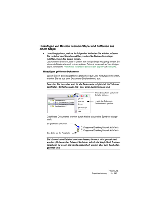 Page 297WAVELAB
Stapelbearbeitung 12 – 297
Hinzufügen von Dateien zu einem Stapel und Entfernen aus 
einem Stapel 
• Unabhängig davon, welche der folgenden Methoden Sie wählen, müssen 
Sie zunächst den Stapel auswählen, zu dem Sie Dateien hinzufügen 
möchten, indem Sie darauf klicken.
Dadurch stellen Sie sicher, dass die Dateien zum richtigen Stapel hinzugefügt werden. Sie 
können die Dateien aber auch zu einem späteren Zeitpunkt immer noch auf den richtigen 
Stapel ziehen (siehe »Verschieben von Dateien...