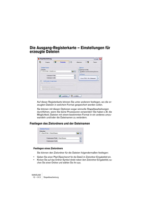 Page 312WAVELAB
12 – 312 Stapelbearbeitung
Die Ausgang-Registerkarte – Einstellungen für 
erzeugte Dateien
Auf dieser Registerkarte können Sie unter anderem festlegen, wo die er-
zeugten Dateien in welchem Format gespeichert werden sollen. 
Sie können mit diesen Optionen sogar sinnvolle Stapelbearbeitungen 
durchführen, wenn Sie keine Prozessoren verwenden! Sie haben z. B. die 
Möglichkeit, Dateien mit einem bestimmten Format in ein anderes umzu-
wandeln und/oder die Dateinamen zu verändern.
Festlegen des...