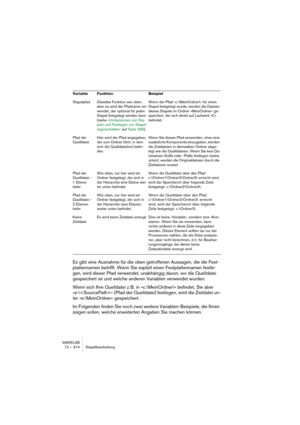 Page 314WAVELAB
12 – 314 Stapelbearbeitung
Es gibt eine Ausnahme für die oben getroffenen Aussagen, die die Fest-
plattennamen betrifft. Wenn Sie explizit einen Festplattennamen festle-
gen, wird dieser Pfad verwendet, unabhängig davon, wo die Quelldatei 
gespeichert ist und welche anderen Variablen verwendet wurden.
Wenn sich Ihre Quelldatei z. B. in »c:\MeinOrdner\« befindet, Sie aber 
»e:\« (Pfad der Quelldatei) festlegen, wird die Zieldatei un-
ter »e:\MeinOrdner« gespeichert.
Im Folgenden finden Sie noch...