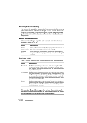 Page 320WAVELAB
12 – 320 Stapelbearbeitung
Am Anfang der Dateibearbeitung
Hier können Sie auswählen, wie sich das Programm vor der Berechnung 
jeder einzelnen Datei verhalten soll. Es gibt nur eine Option: »Fenster mi-
nimieren«. Wenn diese Option eingeschaltet und das Dokument gerade 
geöffnet ist, minimiert WaveLab dieses Fenster, bevor die Dateibearbei-
tung beginnt.
Am Ende der Dateibearbeitung
Mit diesen Einstellungen legen Sie fest, was nach dem Berechnen der 
einzelnen Dateien zu tun ist:
Berechnung...