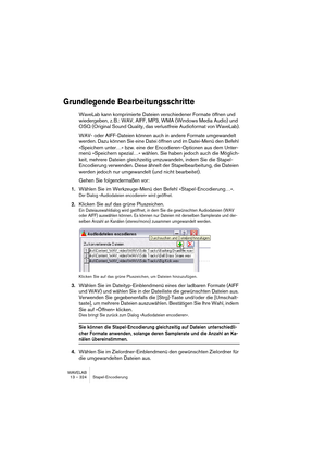 Page 324WAVELAB
13 – 324 Stapel-Encodierung
Grundlegende Bearbeitungsschritte
WaveLab kann komprimierte Dateien verschiedener Formate öffnen und 
wiedergeben, z. B.: WAV, AIFF, MP3, WMA (Windows Media Audio) und 
OSQ (Original Sound Quality, das verlustfreie Audioformat von WaveLab).
WAV- oder AIFF-Dateien können auch in andere Formate umgewandelt 
werden. Dazu können Sie eine Datei öffnen und im Datei-Menü den Befehl 
»Speichern unter…« bzw. eine der Encodieren-Optionen aus dem Unter-
menü »Speichern spezial…«...