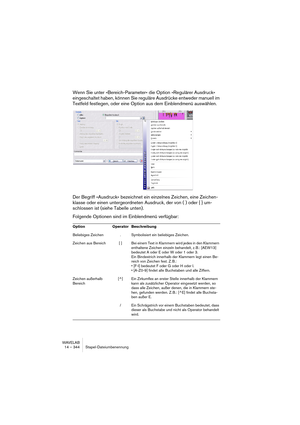 Page 344WAVELAB
14 – 344 Stapel-Dateiumbenennung
Wenn Sie unter »Bereich-Parameter« die Option »Regulärer Ausdruck« 
eingeschaltet haben, können Sie reguläre Ausdrücke entweder manuell im 
Textfeld festlegen, oder eine Option aus dem Einblendmenü auswählen.
Der Begriff »Ausdruck« bezeichnet ein einzelnes Zeichen, eine Zeichen-
klasse oder einen untergeordneten Ausdruck, der von ( ) oder { } um-
schlossen ist (siehe Tabelle unten).
Folgende Optionen sind im Einblendmenü verfügbar:
Option Operator Beschreibung...