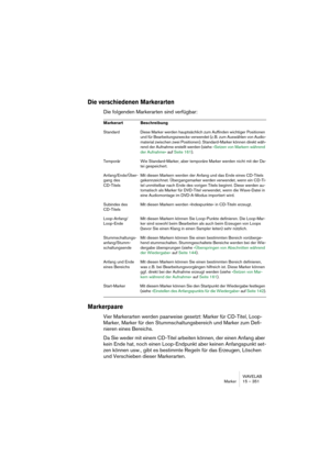 Page 351WAVELAB
Marker 15 – 351
Die verschiedenen Markerarten
Die folgenden Markerarten sind verfügbar:
Markerpaare
Vier Markerarten werden paarweise gesetzt: Marker für CD-Titel, Loop-
Marker, Marker für den Stummschaltungsbereich und Marker zum Defi-
nieren eines Bereichs.
Da Sie weder mit einem CD-Titel arbeiten können, der einen Anfang aber 
kein Ende hat, noch einen Loop-Endpunkt aber keinen Anfangspunkt set-
zen können usw., gibt es bestimmte Regeln für das Erzeugen, Löschen 
und Verschieben dieser...