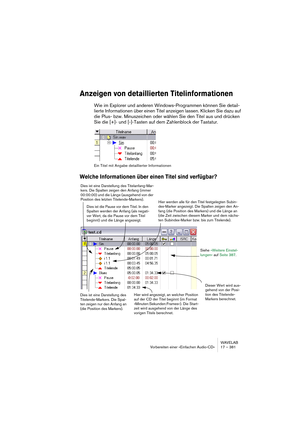 Page 381WAVELAB
Vorbereiten einer »Einfachen Audio-CD« 17 – 381
Anzeigen von detaillierten Titelinformationen
Wie im Explorer und anderen Windows-Programmen können Sie detail-
lierte Informationen über einen Titel anzeigen lassen. Klicken Sie dazu auf 
die Plus- bzw. Minuszeichen oder wählen Sie den Titel aus und drücken 
Sie die [+]- und [-]-Tasten auf dem Zahlenblock der Tastatur.
Ein Titel mit Angabe detaillierter Informationen
Welche Informationen über einen Titel sind verfügbar?
Hier wird angezeigt, an...