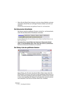 Page 52WAVELAB
5 – 52 Grundlegende Verfahren
•Wenn Sie die [Strg]-Taste loslassen und einen dieser Befehle nochmals 
verwenden, können Sie zum vorherigen Fenster schalten und nicht zum 
nächsten.
So können Sie schnell zwischen zwei geöffneten Fenstern hin- und herwechseln.
Die Dokumenten-Schaltleiste
Sie können zwischen geöffneten Fenstern schnell hin- und herwechseln, 
indem Sie die Dokumenten-Schaltleiste verwenden.
In diesem Beispiel öffnen Sie durch Klicken auf den »Reiter« das Wave-Fenster für die 
Datei...