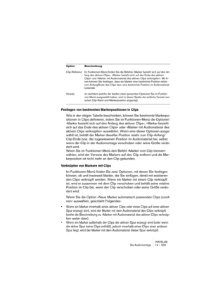 Page 533WAVELAB
Die Audiomontage 19 – 533
Festlegen von bestimmten Markerpositionen in Clips
Wie in der obigen Tabelle beschrieben, können Sie bestimmte Markerpo-
sitionen in Clips definieren, indem Sie im Funktionen-Menü die Optionen 
»Marker bezieht sich auf den Anfang des aktiven Clips«, »Marker bezieht 
sich auf das Ende des aktiven Clips« oder »Marker mit Audiomaterial des 
aktiven Clips verknüpfen« auswählen. Wenn eine dieser Optionen ausge-
wählt ist, behält der Marker dieselbe Position relativ zum...