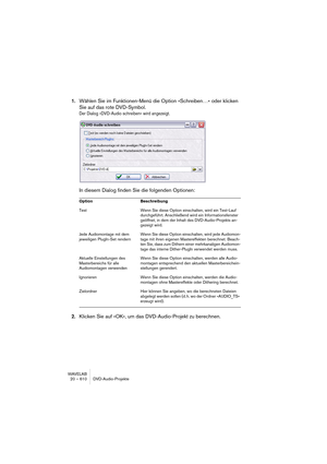 Page 610WAVELAB
20 – 610 DVD-Audio-Projekte
1.Wählen Sie im Funktionen-Menü die Option »Schreiben…« oder klicken 
Sie auf das rote DVD-Symbol.
Der Dialog »DVD-Audio schreiben« wird angezeigt.
In diesem Dialog finden Sie die folgenden Optionen:
2.Klicken Sie auf »OK«, um das DVD-Audio-Projekt zu berechnen.
Option Beschreibung
Test Wenn Sie diese Option einschalten, wird ein Test-Lauf 
durchgeführt. Anschließend wird ein Informationsfenster 
geöffnet, in dem der Inhalt des DVD-Audio-Projekts an-
gezeigt wird.
Jede...