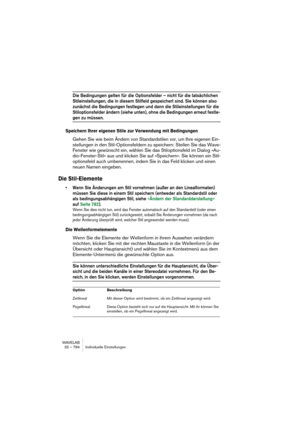 Page 784WAVELAB
32 – 784 Individuelle Einstellungen
Die Bedingungen gelten für die Optionsfelder – nicht für die tatsächlichen 
Stileinstellungen, die in diesem Stilfeld gespeichert sind. Sie können also 
zunächst die Bedingungen festlegen und dann die Stileinstellungen für die 
Stiloptionsfelder ändern (siehe unten), ohne die Bedingungen erneut festle-
gen zu müssen.
Speichern Ihrer eigenen Stile zur Verwendung mit Bedingungen
Gehen Sie wie beim Ändern von Standardstilen vor, um Ihre eigenen Ein-
stellungen in...