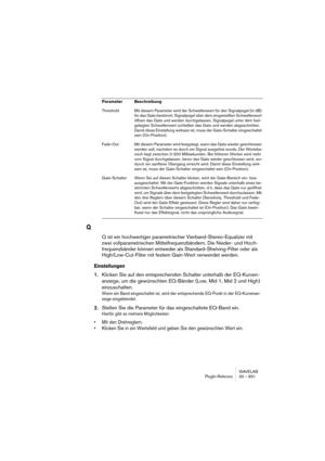 Page 831WAVELAB
PlugIn-Referenz 33 – 831
Q
Q ist ein hochwertiger parametrischer Vierband-Stereo-Equalizer mit 
zwei vollparametrischen Mittelfrequenzbändern. Die Nieder- und Hoch-
frequenzbänder können entweder als Standard-Shelving-Filter oder als 
High/Low-Cut-Filter mit festem Gain-Wert verwendet werden.
Einstellungen
1.Klicken Sie auf den entsprechenden Schalter unterhalb der EQ-Kurven-
anzeige, um die gewünschten EQ-Bänder (Low, Mid 1, Mid 2 und High) 
einzuschalten.
Wenn ein Band eingeschaltet ist, wird...