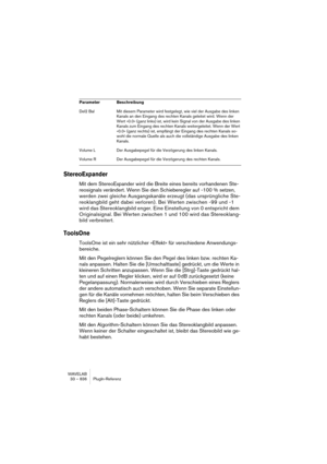 Page 836WAVELAB
33 – 836 PlugIn-Referenz
StereoExpander
Mit dem StereoExpander wird die Breite eines bereits vorhandenen Ste-
reosignals verändert. Wenn Sie den Schieberegler auf -100 % setzen, 
werden zwei gleiche Ausgangskanäle erzeugt (das ursprüngliche Ste-
reoklangbild geht dabei verloren). Bei Werten zwischen -99 und -1 
wird das Stereoklangbild enger. Eine Einstellung von 0 entspricht dem 
Originalsignal. Bei Werten zwischen 1 und 100 wird das Stereoklang-
bild verbreitert.
ToolsOne
ToolsOne ist ein sehr...