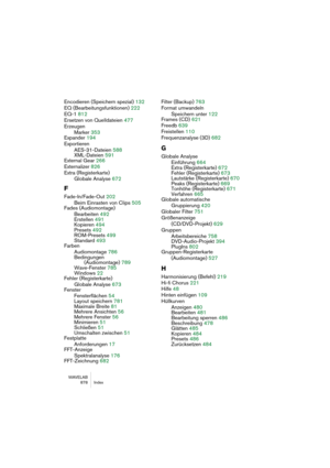 Page 878WAVELAB
 878 Index
Encodieren (Speichern spezial) 132
EQ (Bearbeitungsfunktionen) 222
EQ-1 812
Ersetzen von Quelldateien 477
Erzeugen
Marker 353
Expander 194
Exportieren
AES-31-Dateien 588
XML-Dateien 591
External Gear 266
Externalizer 826
Extra (Registerkarte)
Globale Analyse 672
F
Fade-In/Fade-Out 202
Beim Einrasten von Clips 505
Fades (Audiomontage)
Bearbeiten 492
Erstellen 491
Kopieren 494
Presets 492
ROM-Presets 499
Standard 493
Farben
Audiomontage 786
Bedingungen 
(Audiomontage) 789
Wave-Fenster...