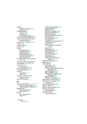 Page 880WAVELAB
 880 Index
Layouts
Bildschirm-Layouts 792
Speichern 781
Leistungsmonitor
In Arbeit 262
Leistung 263
Timecode-Anzeige 700
Letzte Audiodateien (Option) 76
Letzte Fensterpositionen beim 
Neustart öffnen 781
Letzte Version (Option) 126
Leveler 813
Leveler Multi 813
Limiter 194
Lineale
Anfangspunkt 91
Audiomontage 405
Darstellung 786
Ein-/Ausblenden 784
Einheiten auswählen 63
Wave-Fenster 78
Linken/Rechten Kanal speichern 
unter 125
Liste der geöffneten Dateien 52
Loop-Marker 351, 363, 715
Loops 363,...