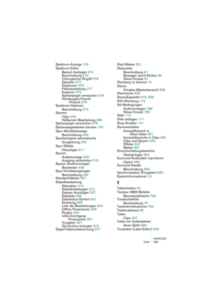 Page 883WAVELAB
Index 883
Spektrum-Anzeige 176
Spektrum-Editor
Bereich festlegen 274
Beschreibung 270
Chirurgischer Eingriff 276
Dämpfen 277
Dispersion 278
Filterbearbeitung 277
Kopieren 279
Spitzenpegel verwischen 278
Wiedergabe-Preroll/
-Postroll 279
Spektrum-Optionen
Beschreibung 273
Sperren
Clips 459
Hüllkurven-Bearbeitung 486
Spitzenpegel verwischen 278
Spitzenpegeldateien löschen 120
Spur-Aktivitätsanzeige
Beschreibung 430
Spurbezogene automatische 
Gruppierung 420
Spur-Effekte
Hinzufügen 511
Spuren...