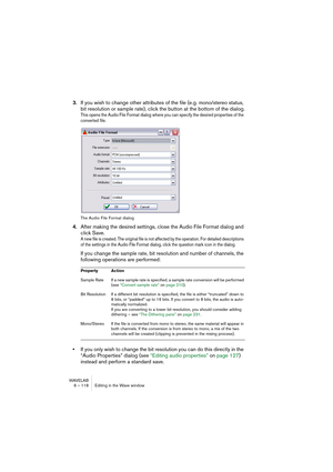 Page 118WAVELAB
6 – 118 Editing in the Wave window
3.If you wish to change other attributes of the file (e.g. mono/stereo status, 
bit resolution or sample rate), click the button at the bottom of the dialog.
This opens the Audio File Format dialog where you can specify the desired properties of the 
converted file.
The Audio File Format dialog
4.After making the desired settings, close the Audio File Format dialog and 
click Save.
A new file is created. The original file is not affected by the operation. For...