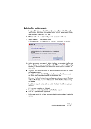 Page 123WAVELAB
Editing in the Wave window 6 – 123
Deleting files and documents
It is possible to delete whole files or documents from within WaveLab. 
This function is available from the File menu and will delete the currently 
selected file or document from disk. 
1.Make sure the file or document you wish to delete is in focus.
2.Select “Delete…” from the File menu.
A dialog appears as a warning, allowing you to cancel or proceed with the operation.
3.Select whether to permanently delete the file or to move it...