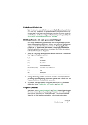 Page 187WAVELAB
Off-line processing 9 – 187
• If the curve starts out horizontally flat and then rises upwards, signals in the flat 
area will be eliminated completely. This is called (noise) gating.
Gating
Setting up the curve
•You can drag any breakpoint in the curve to any position, using the left 
mouse button.
•When you move breakpoints closer to the left side or the bottom of the 
graph, you will note that the number of positions is more limited. This is 
due to the nature of digital audio, where, for...