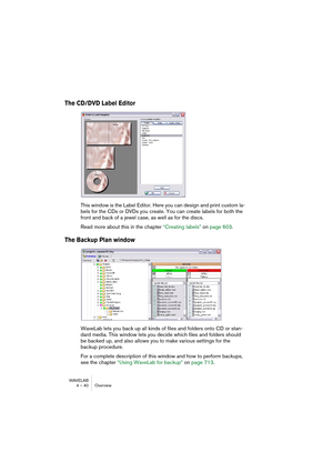 Page 40WAVELAB
4 – 40 Overview
The CD/DVD Label Editor
This window is the Label Editor. Here you can design and print custom la-
bels for the CDs or DVDs you create. You can create labels for both the 
front and back of a jewel case, as well as for the discs.
Read more about this in the chapter “Creating labels” on page 603.
The Backup Plan window
WaveLab lets you back up all kinds of files and folders onto CD or stan-
dard media. This window lets you decide which files and folders should 
be backed up, and...