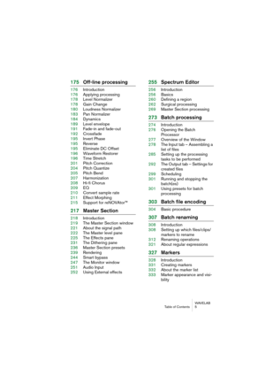 Page 5 
WAVELAB
Table of Contents 5
 
175Off-line processing
 
176Introduction
176Applying processing
178Level Normalizer
178Gain Change
180Loudness Normalizer
183Pan Normalizer
184Dynamics
189Level envelope
191Fade-in and fade-out
192Crossfade
195Invert Phase
195Reverse
195Eliminate DC Offset
196Waveform Restorer
196Time Stretch
201Pitch Correction
204Pitch Quantize
205Pitch Bend
207Harmonization
208Hi-fi Chorus
209EQ
210Convert sample rate
211Effect Morphing
215Support for reNOVAtor™
 
217Master Section...